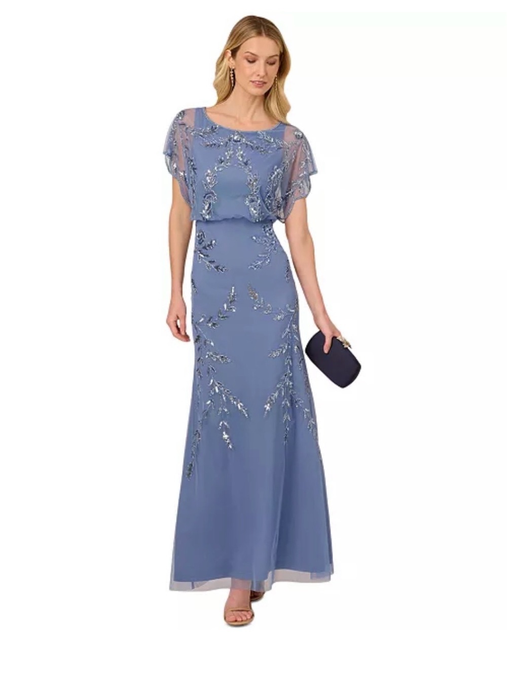 Adrianna Papell Studio Women's Beaded Flutter-Sleeve Blouson Gown Dress 16W
